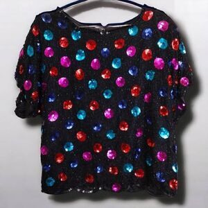 Vtg‎ Candlelight Womans Evening Top Sz Medium Black Silk Sequins Blouse Bling
